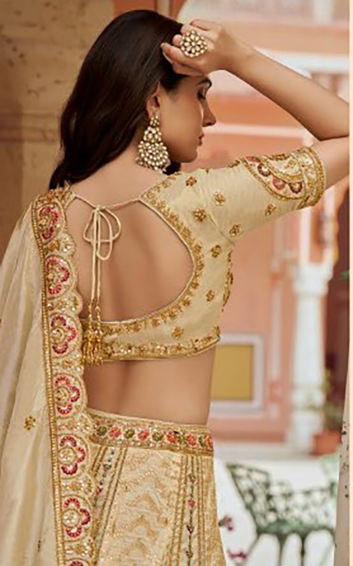 Beige Banarasi Silk Zari Weaving & Swarovski Work Bridal Lehenga
