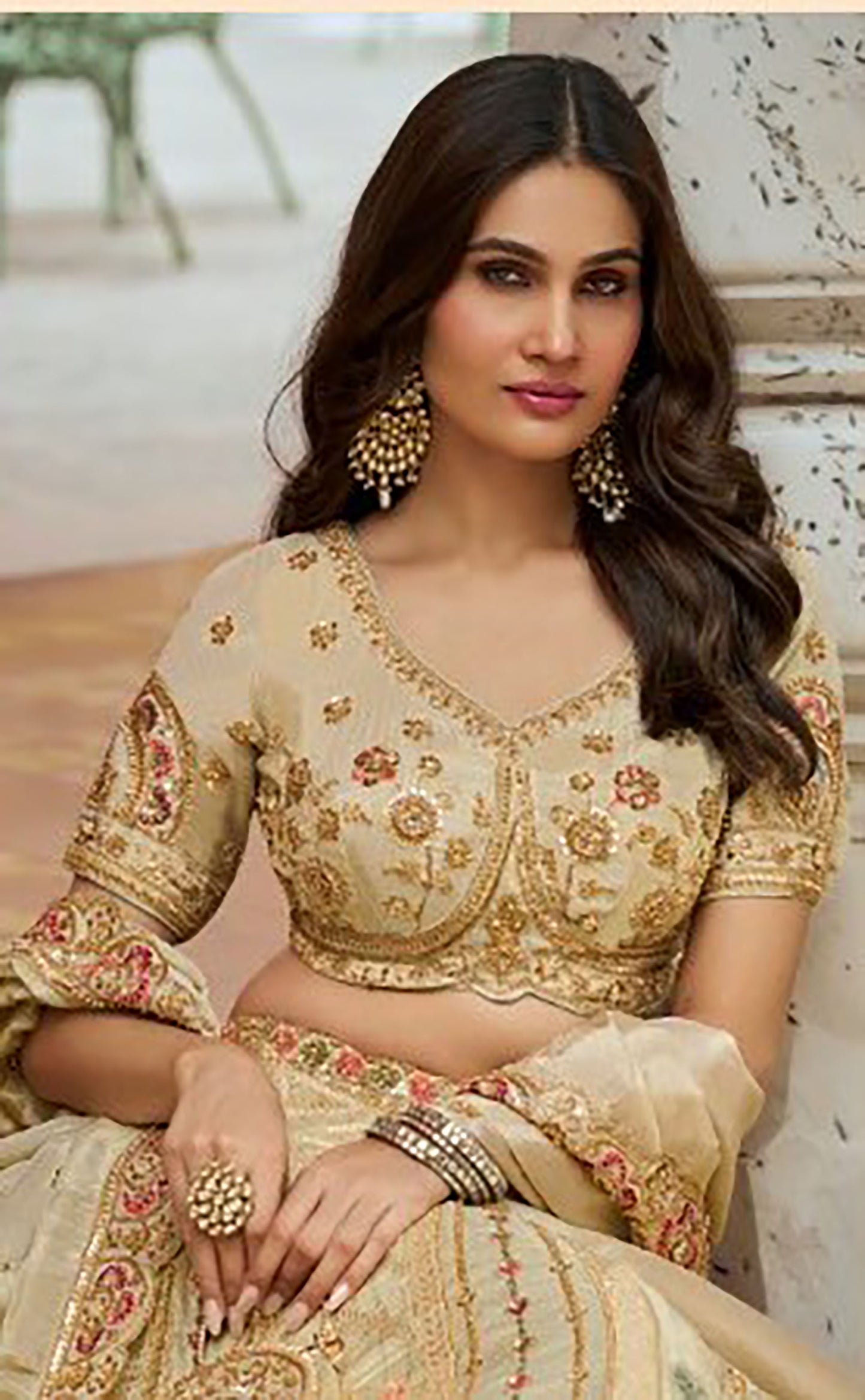 Beige Banarasi Silk Zari Weaving & Swarovski Work Bridal Lehenga