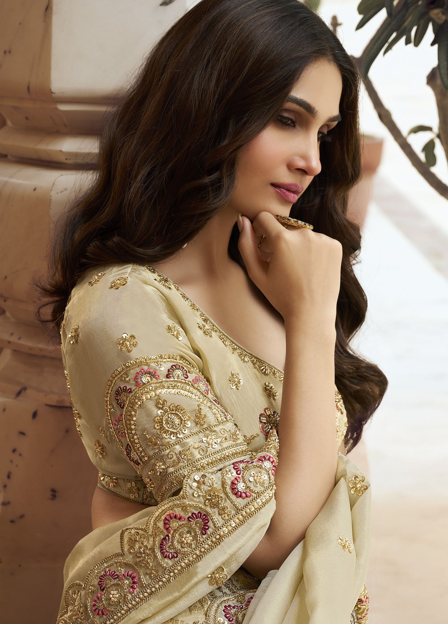 Beige Banarasi Silk Zari Weaving & Swarovski Work Bridal Lehenga