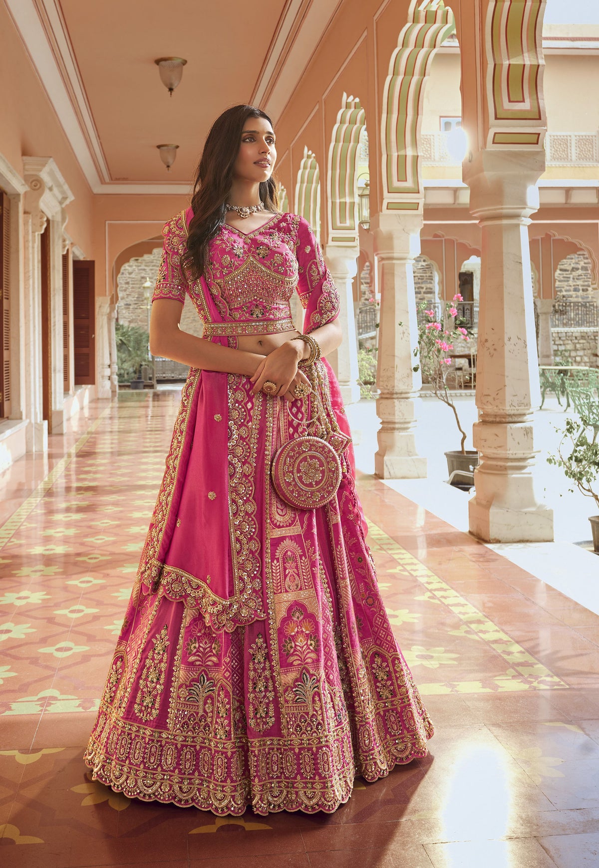 Pink Banarasi Silk Zari Weaving & Swarovski Work Bridal Lehenga