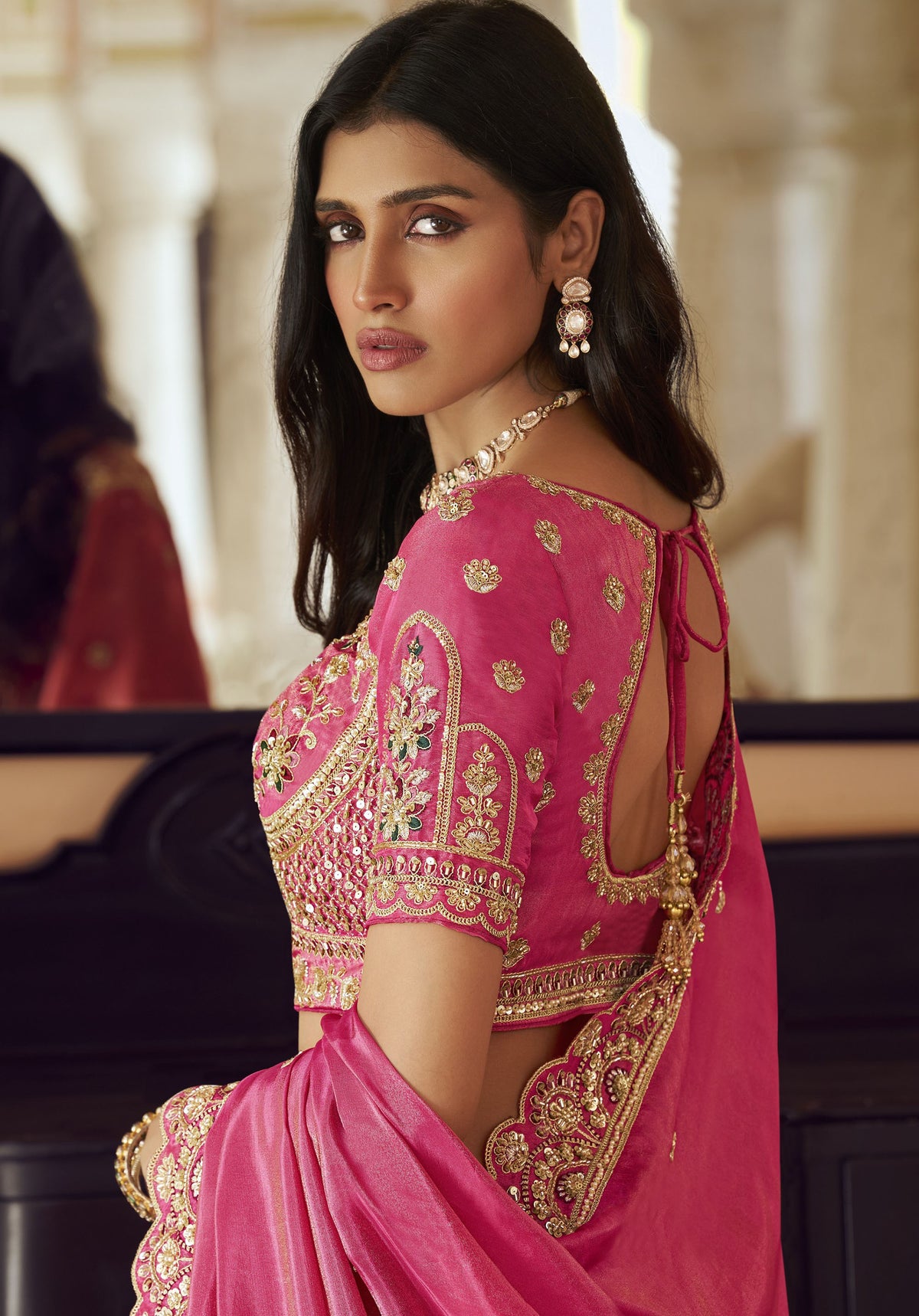 Pink Banarasi Silk Zari Weaving & Swarovski Work Bridal Lehenga