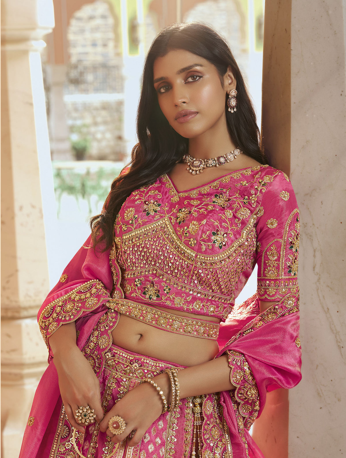 Pink Banarasi Silk Zari Weaving & Swarovski Work Bridal Lehenga