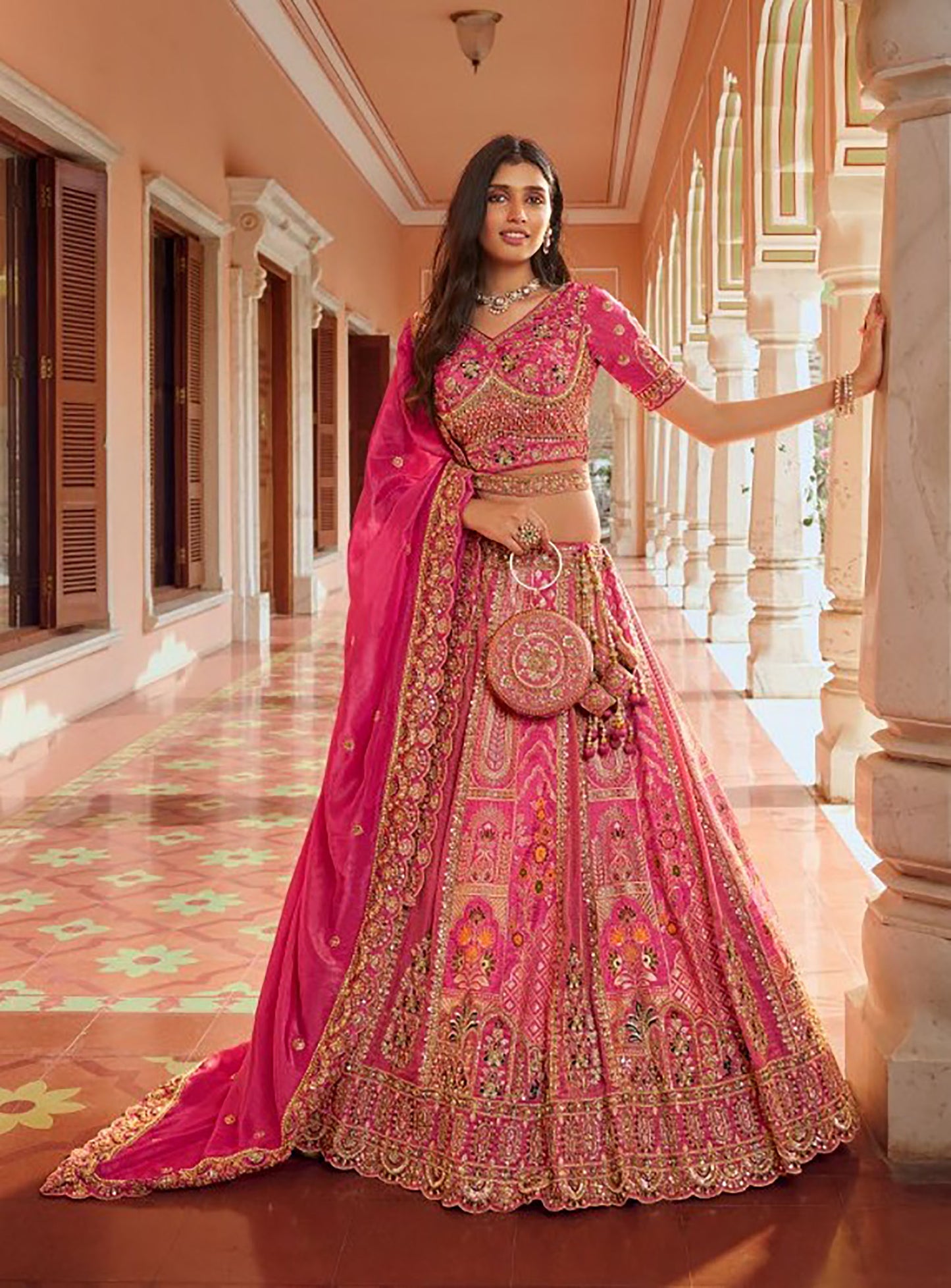 Pink Banarasi Silk Zari Weaving & Swarovski Work Bridal Lehenga