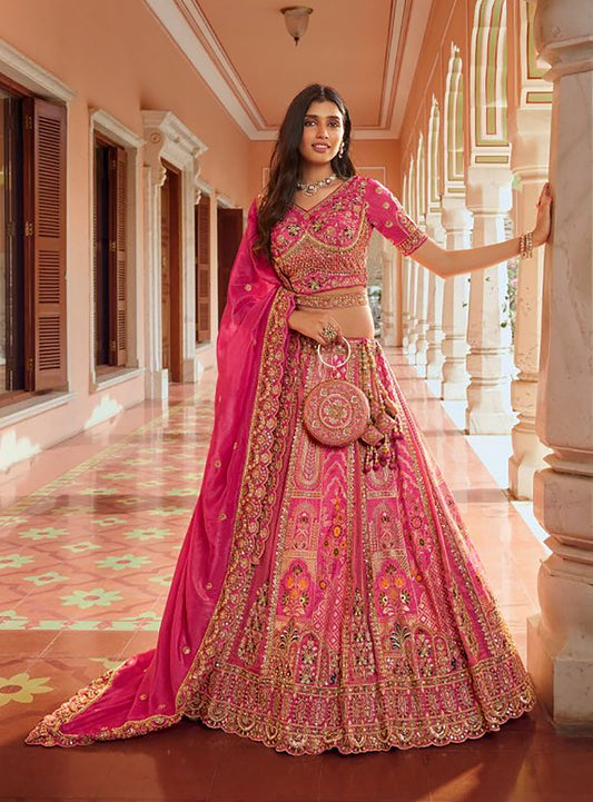 Pink Banarasi Silk Zari Weaving & Swarovski Work Bridal Lehenga