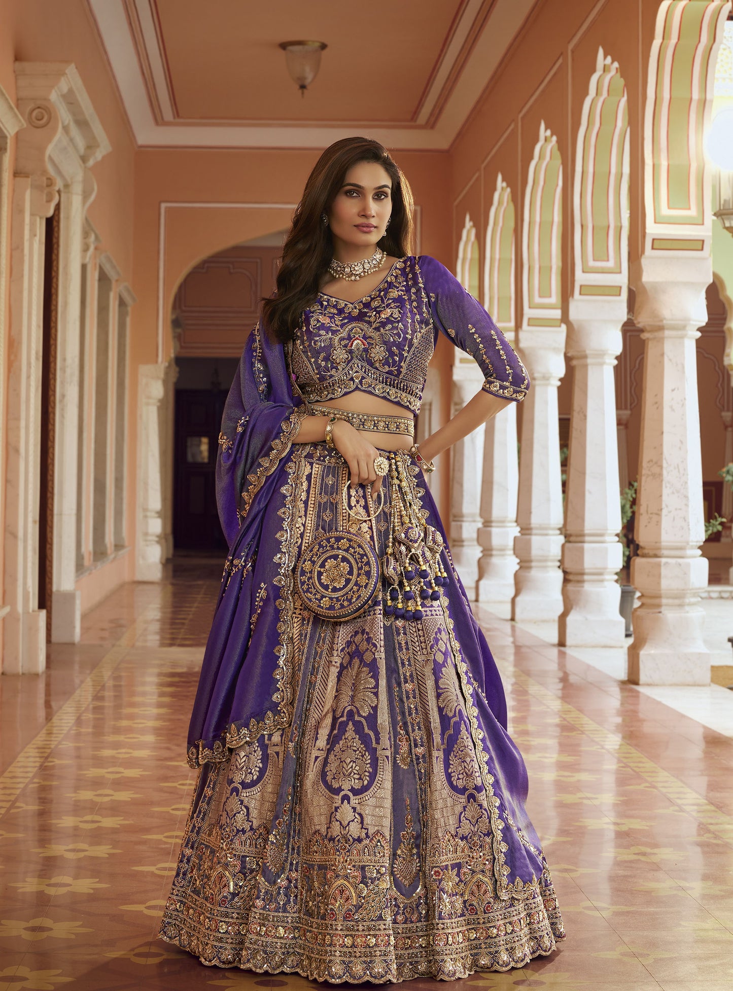 Purple Banarasi Silk Zari Weaving & Swarovski Work Bridal Lehenga