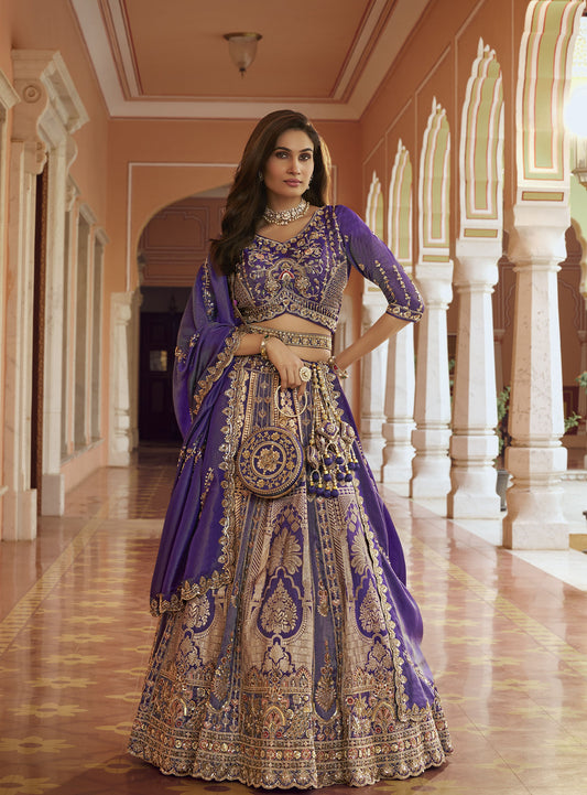 Purple Banarasi Silk Zari Weaving & Swarovski Work Bridal Lehenga