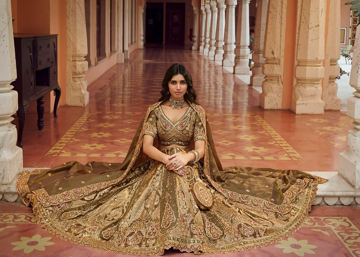 Green Banarasi Silk Zari Weaving & Swarovski Work Bridal Lehenga