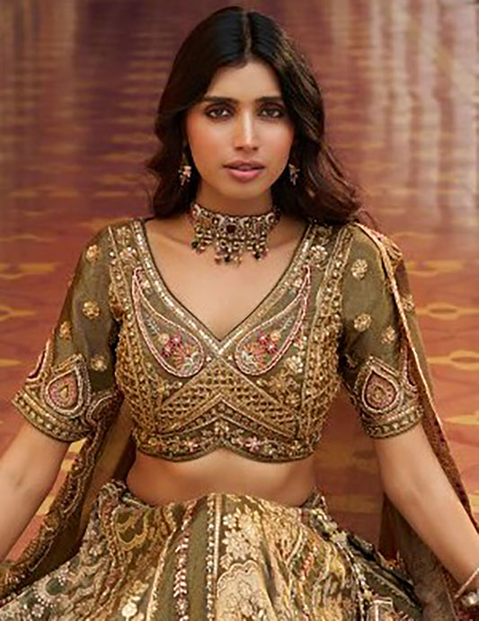 Green Banarasi Silk Zari Weaving & Swarovski Work Bridal Lehenga