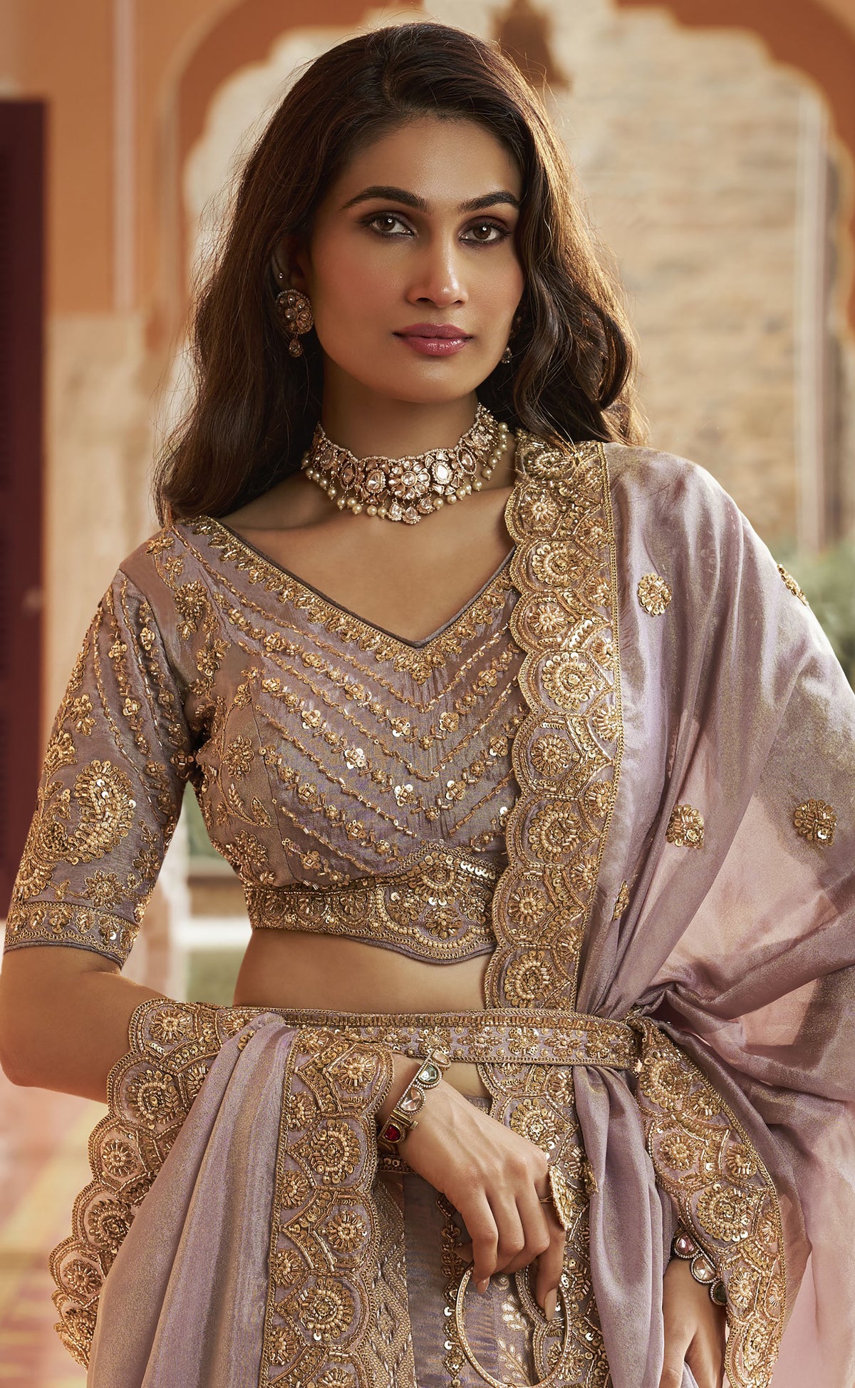 Mauve Banarasi Silk Zari Weaving & Swarovski Work Bridal Lehenga