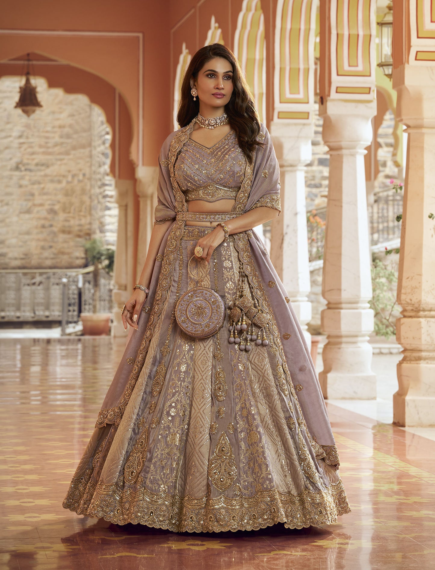 Mauve Banarasi Silk Zari Weaving & Swarovski Work Bridal Lehenga