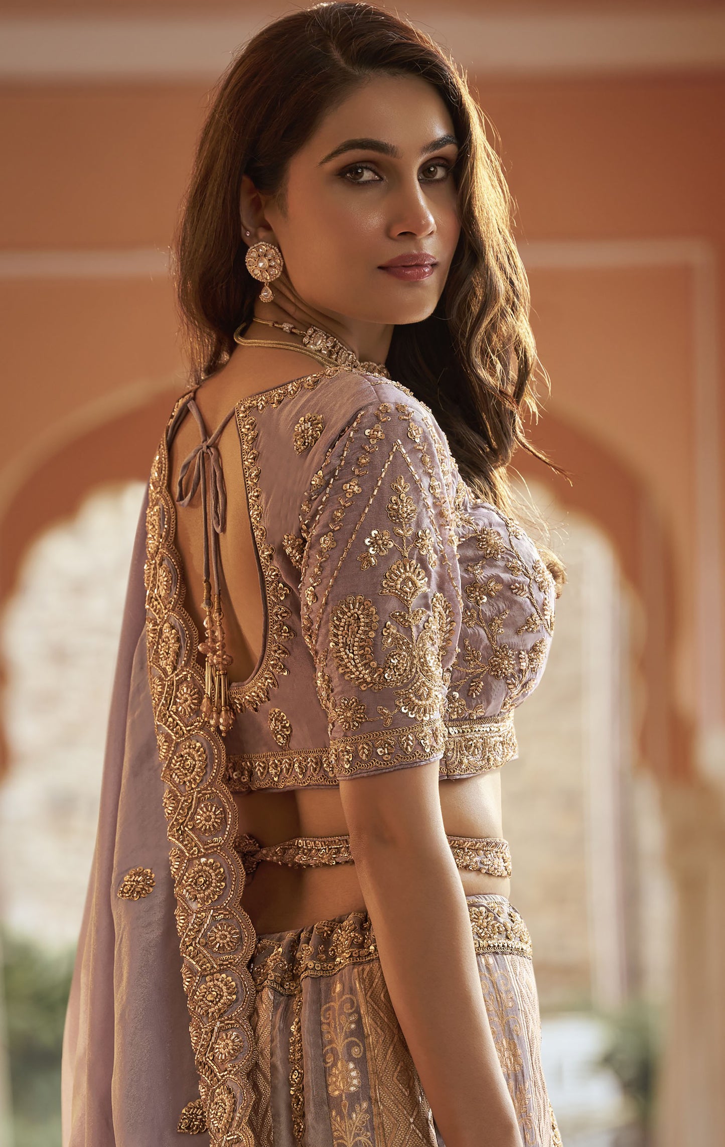 Mauve Banarasi Silk Zari Weaving & Swarovski Work Bridal Lehenga
