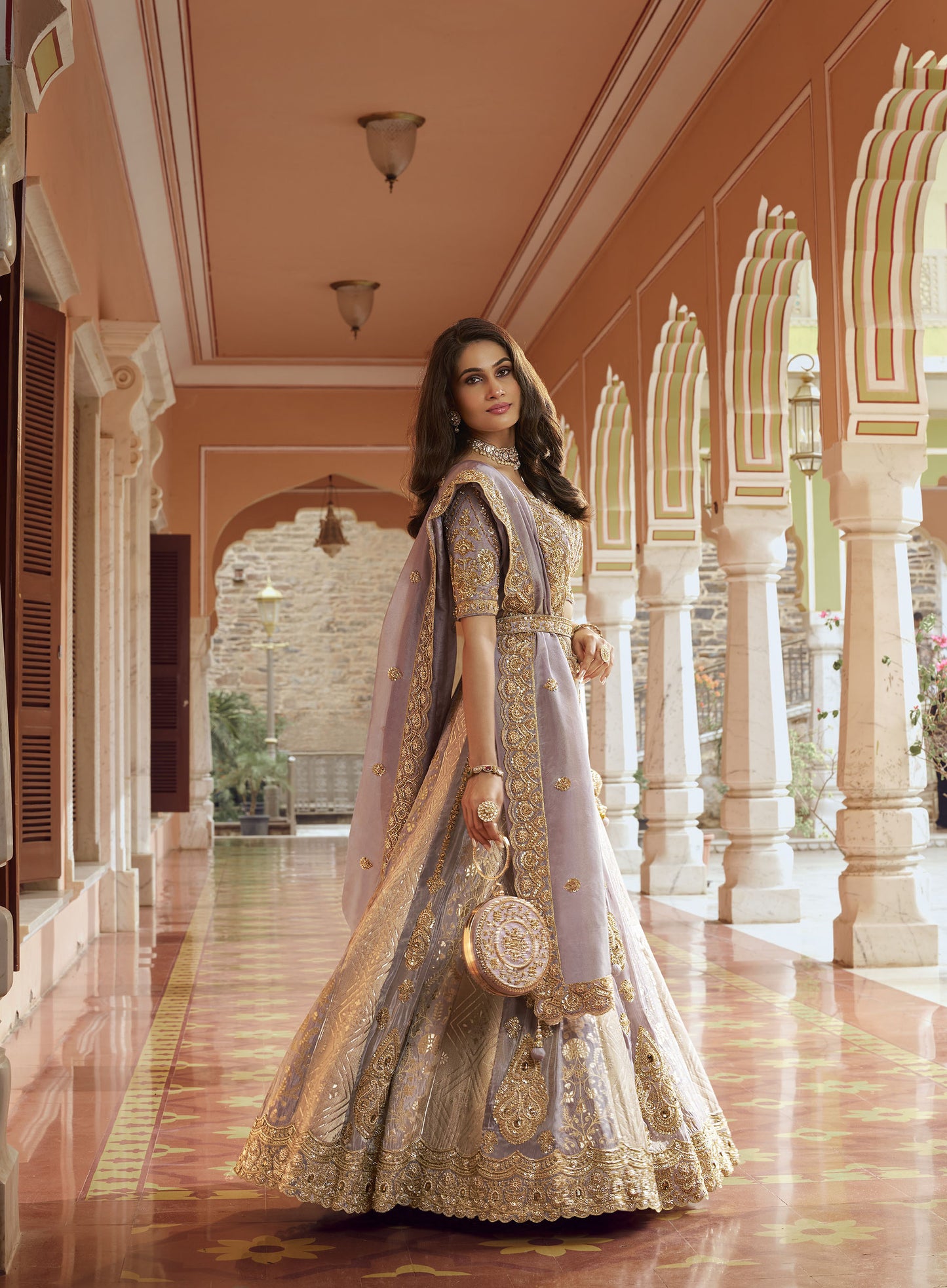 Mauve Banarasi Silk Zari Weaving & Swarovski Work Bridal Lehenga