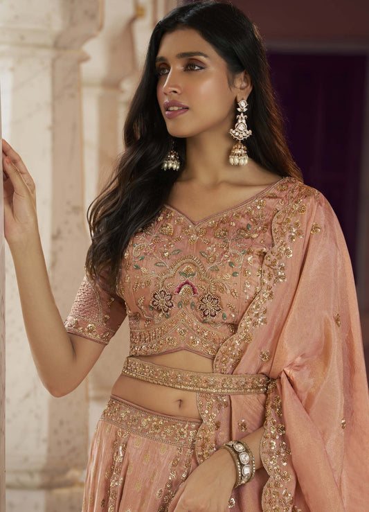 Peach Banarasi Silk Zari Weaving & Swarovski Work Bridal Lehenga