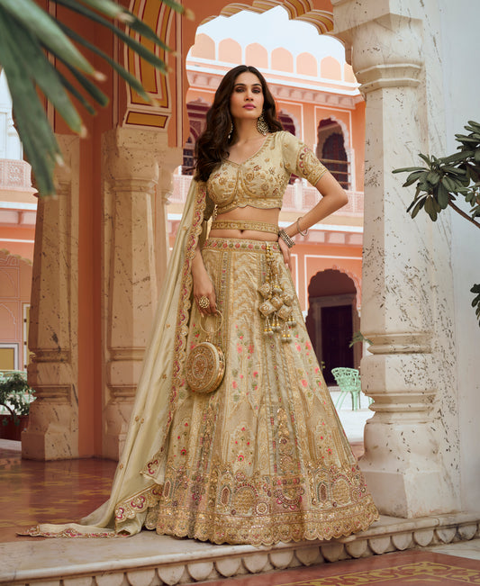 Beige Banarasi Silk Zari Weaving & Swarovski Work Bridal Lehenga