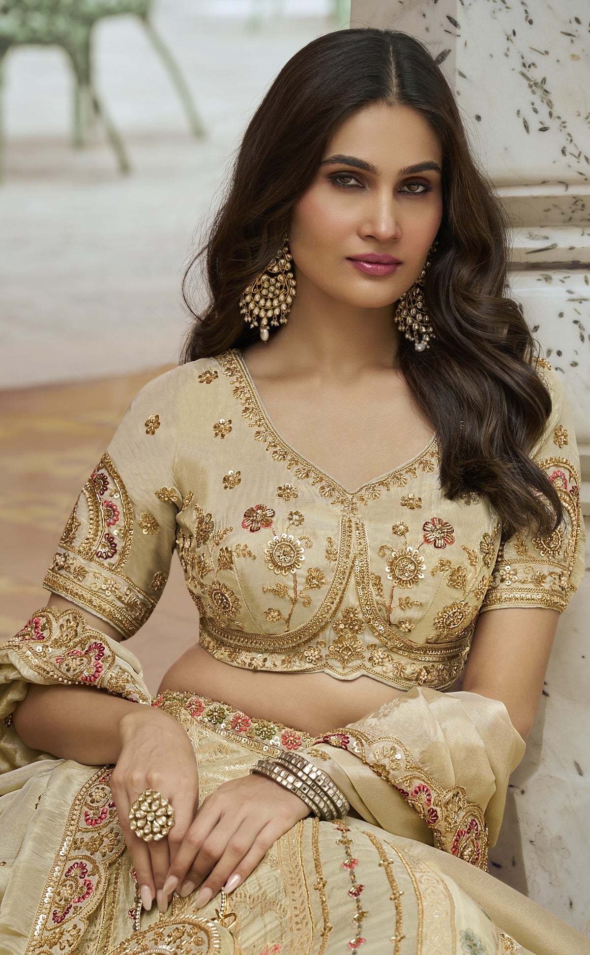 Beige Banarasi Silk Zari Weaving & Swarovski Work Bridal Lehenga