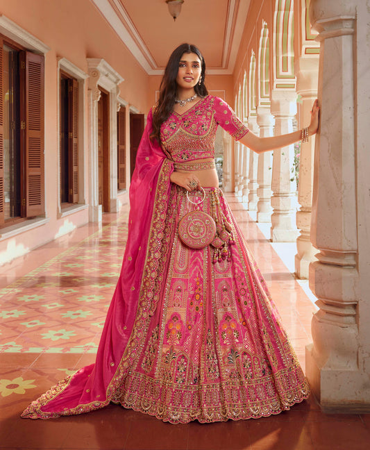 Pink Banarasi Silk Zari Weaving & Swarovski Work Bridal Lehenga
