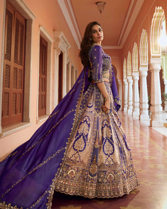 Purple Banarasi Silk Zari Weaving & Swarovski Work Bridal Lehenga