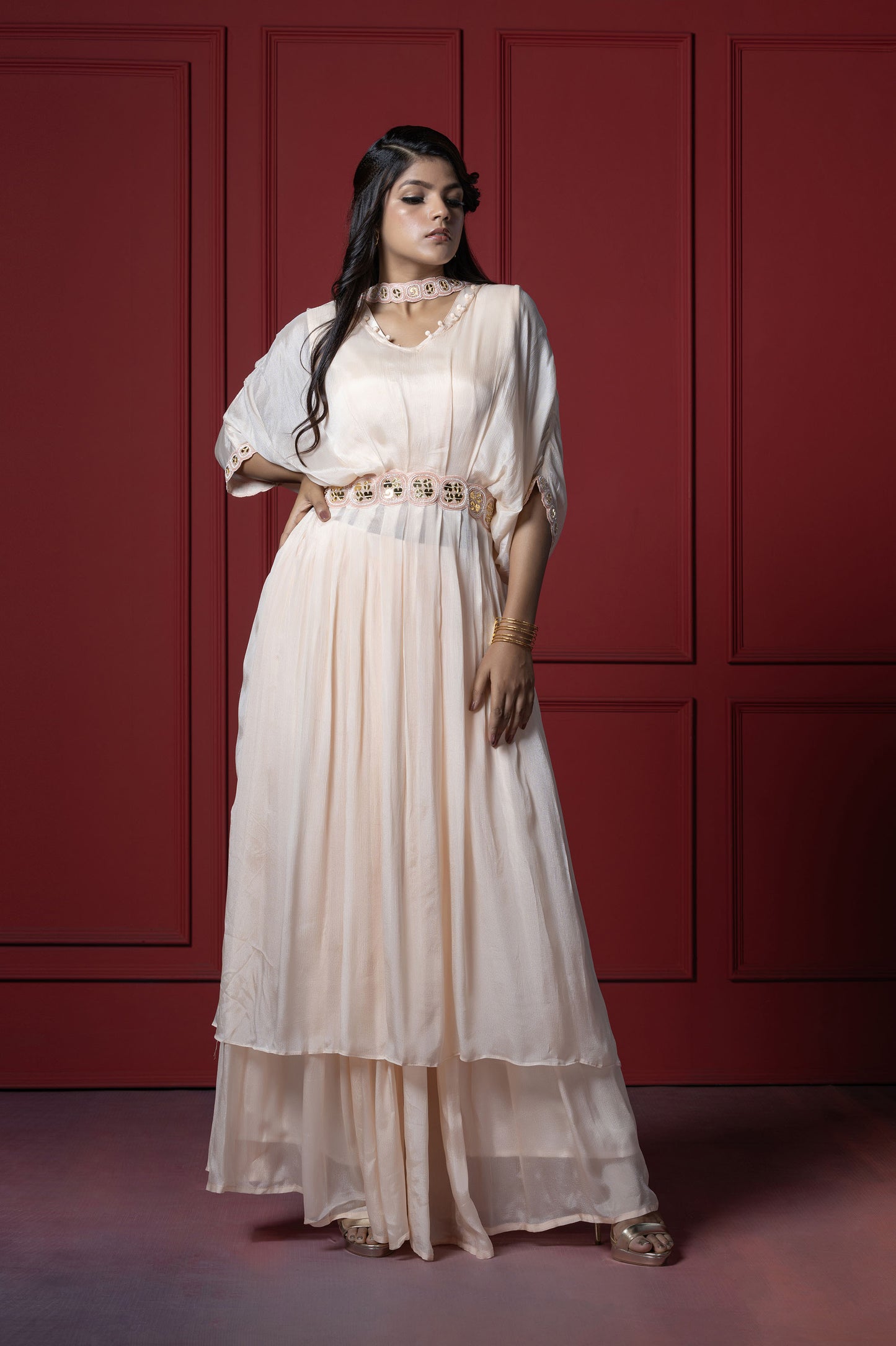 4 piece Chinnon Mirror Work Peach Tunic Set