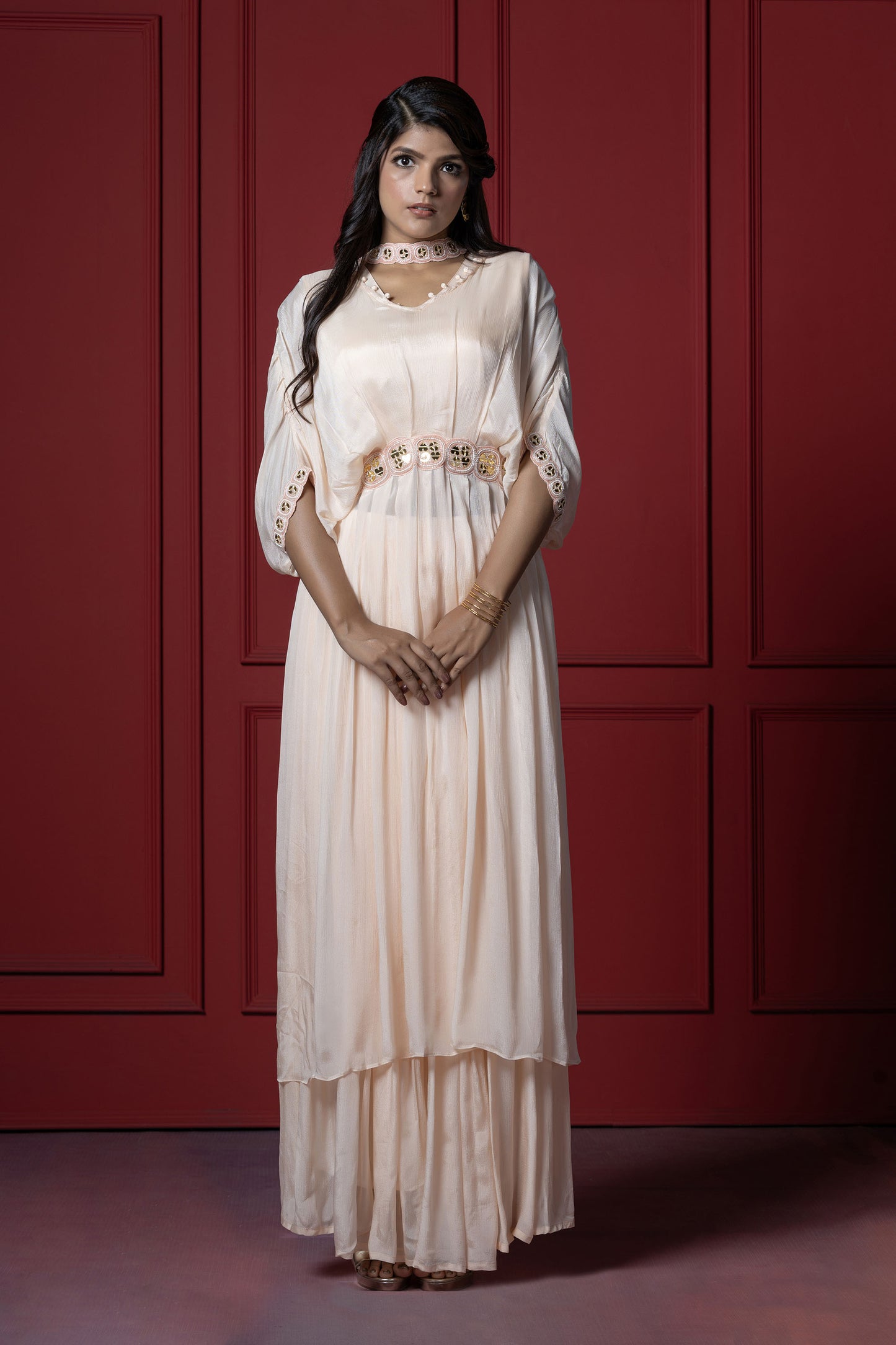 4 piece Chinnon Mirror Work Peach Tunic Set