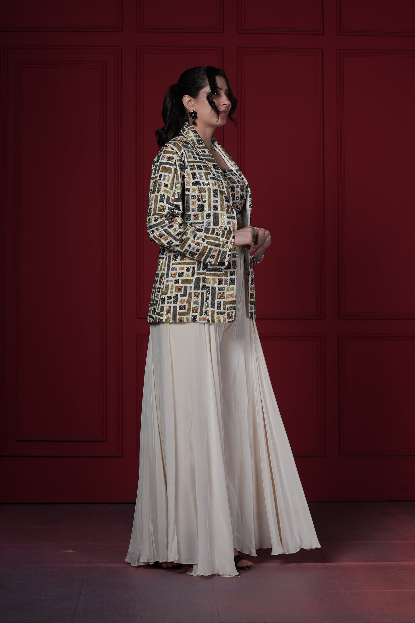 Geometric Ivory Crepe Blazer Set