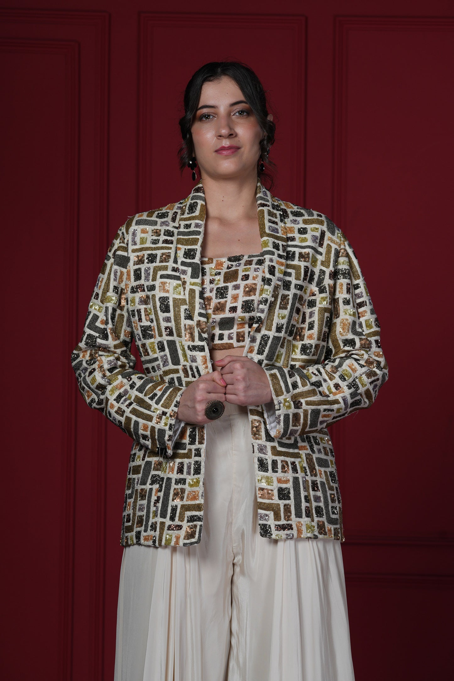 Geometric Ivory Crepe Blazer Set