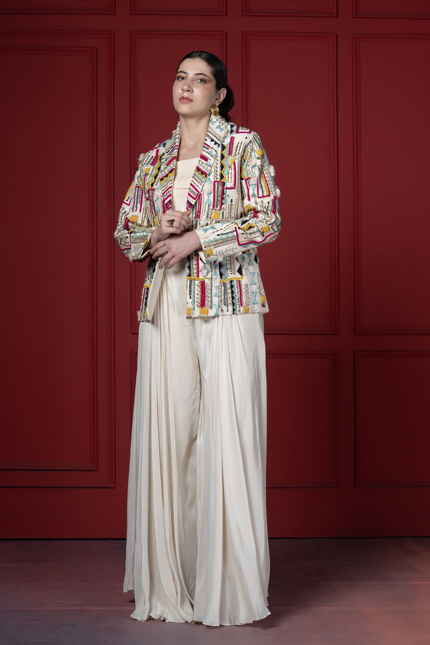 Ivory Crepe Embroidered Statement Blazer Set