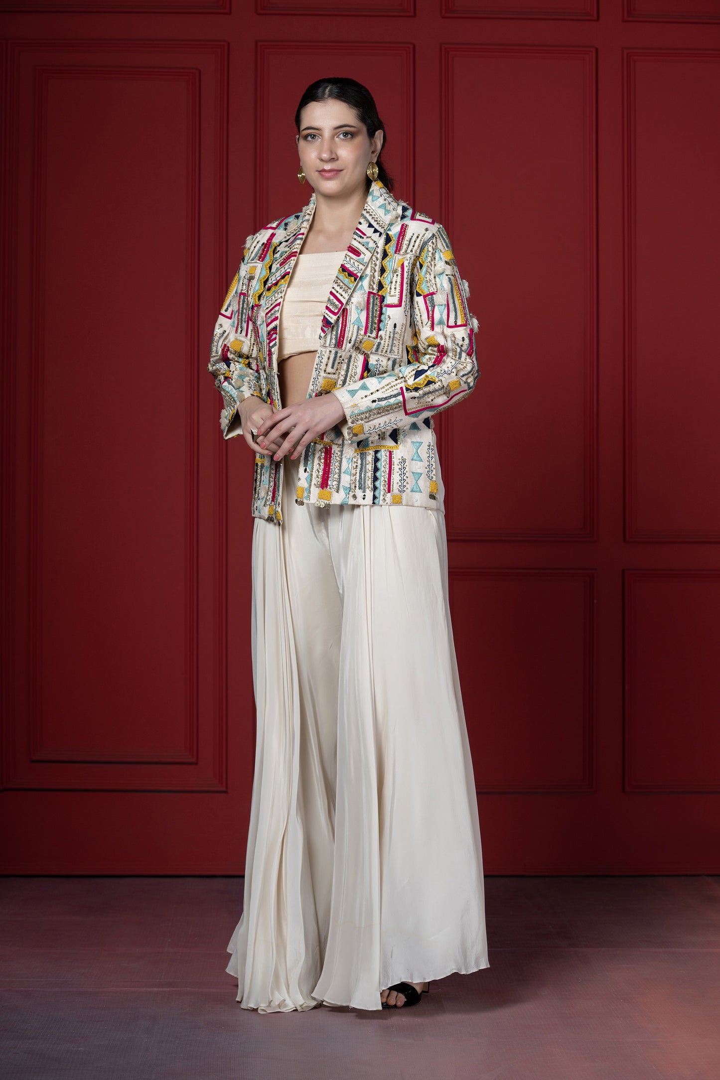 Ivory Crepe Embroidered Statement Blazer Set