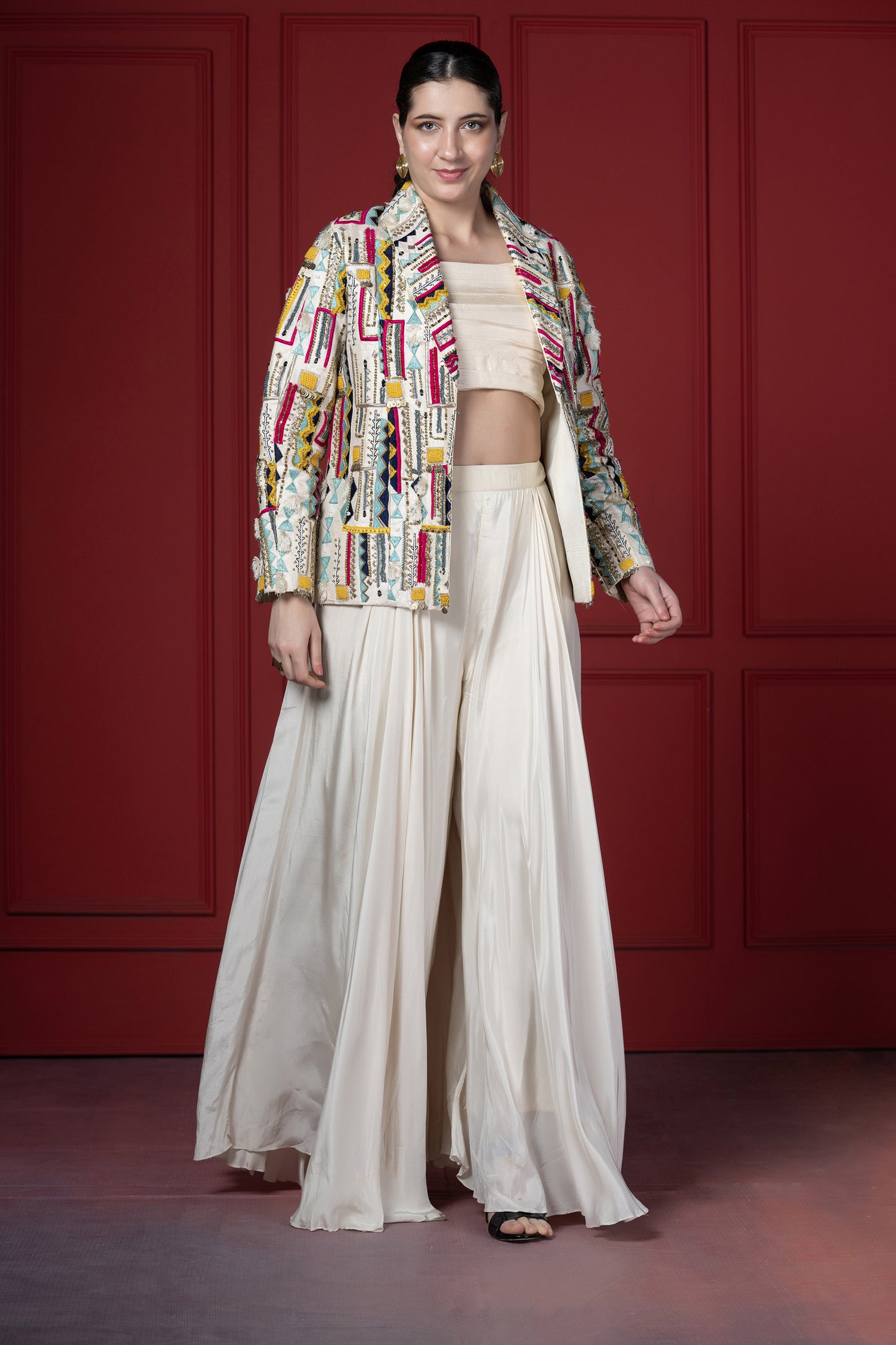 Ivory Crepe Embroidered Statement Blazer Set