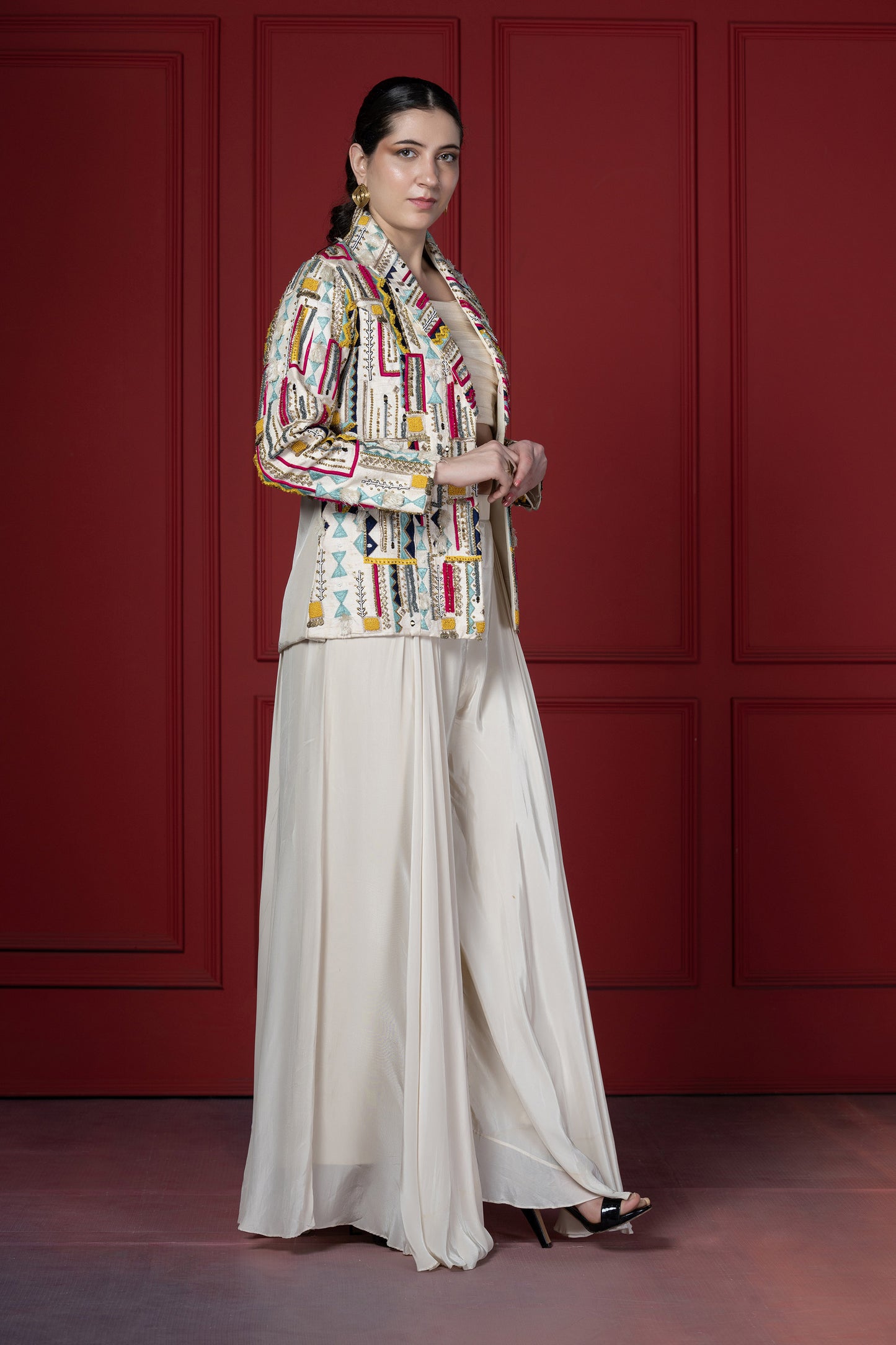 Ivory Crepe Embroidered Statement Blazer Set