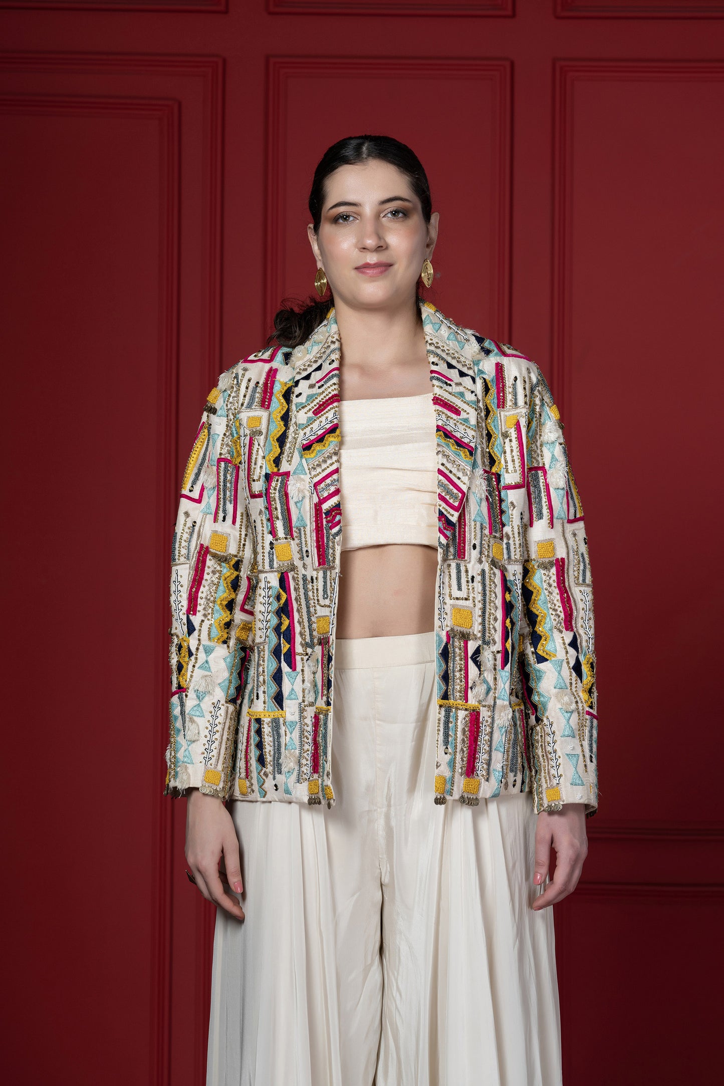 Ivory Crepe Embroidered Statement Blazer Set