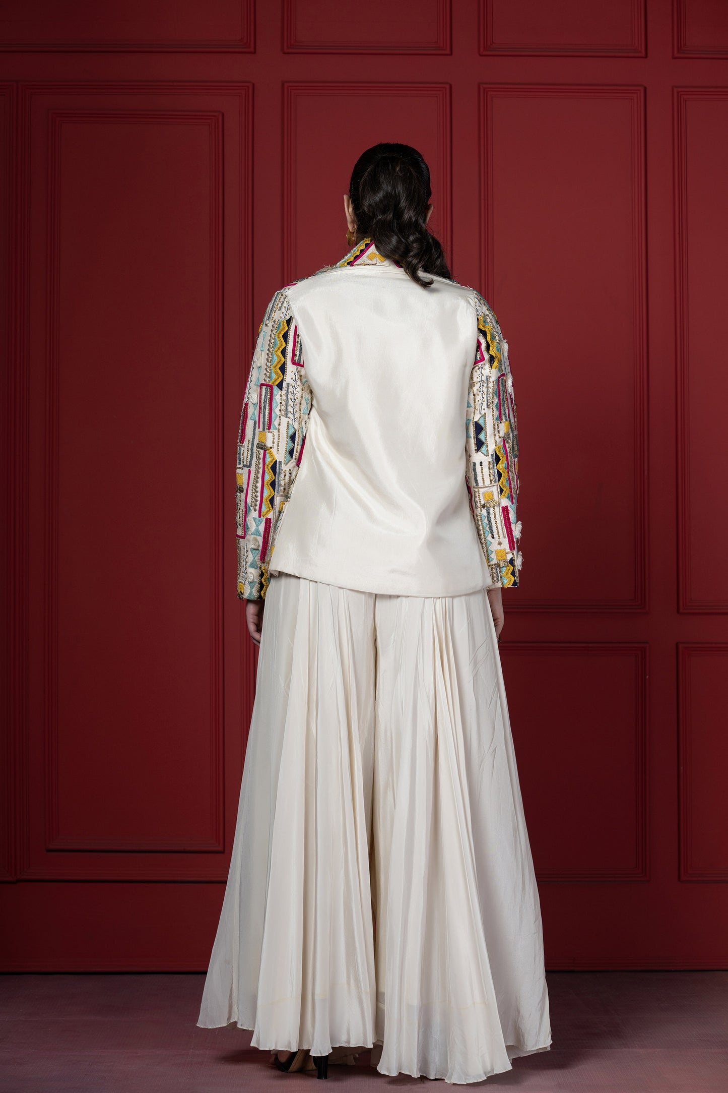 Ivory Crepe Embroidered Statement Blazer Set