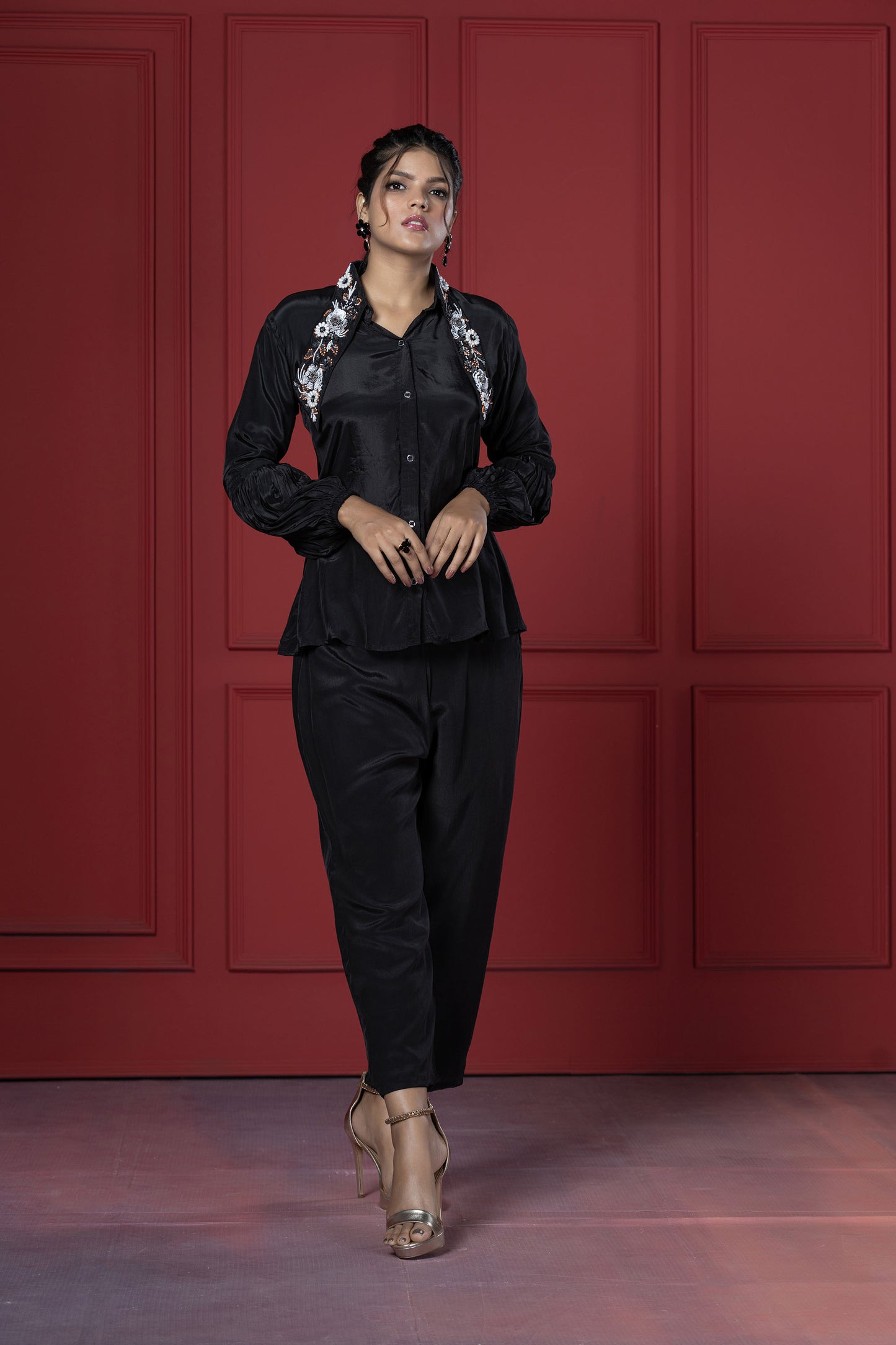 Black Long Collar Pant Set