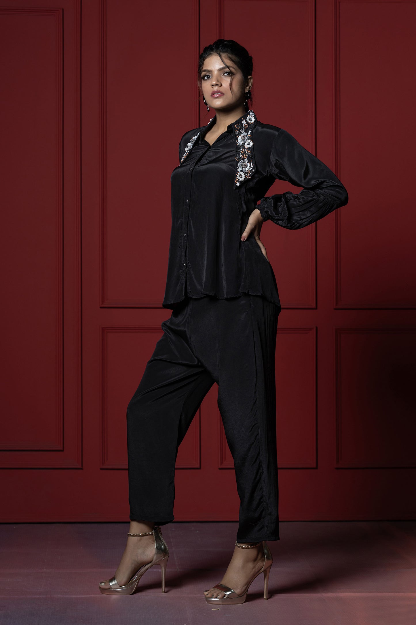 Black Long Collar Pant Set