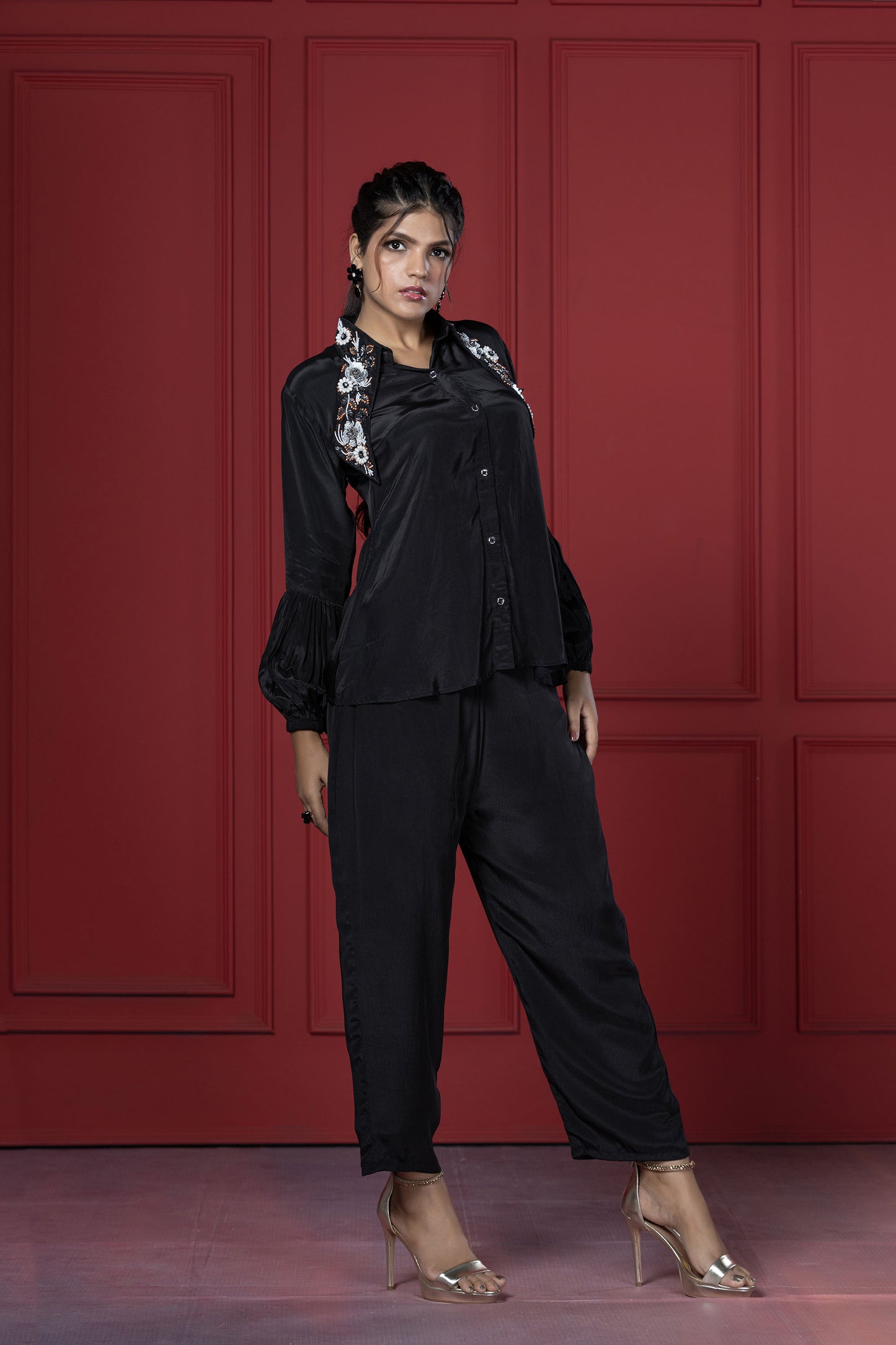 Black Long Collar Pant Set