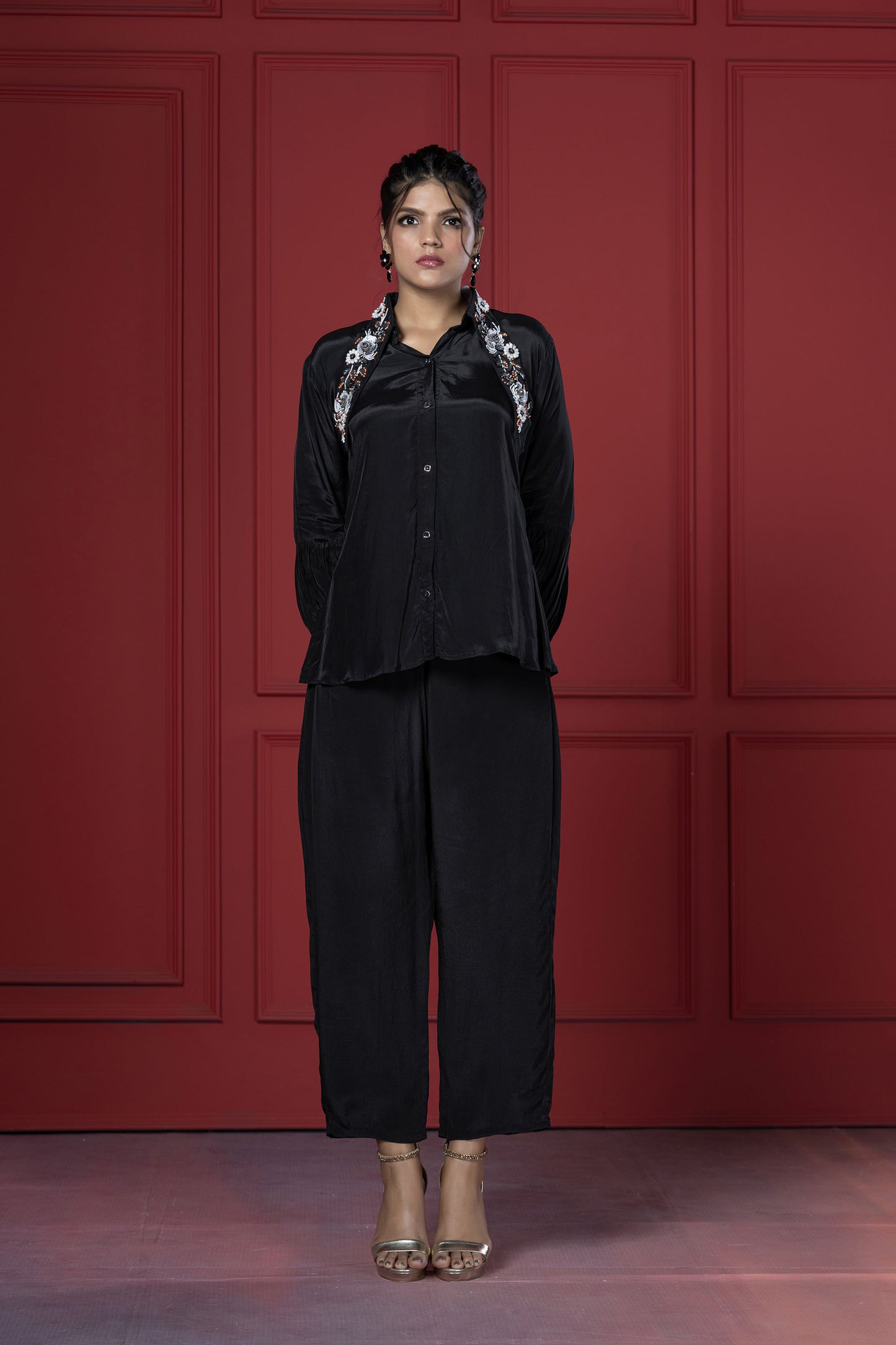 Black Long Collar Pant Set