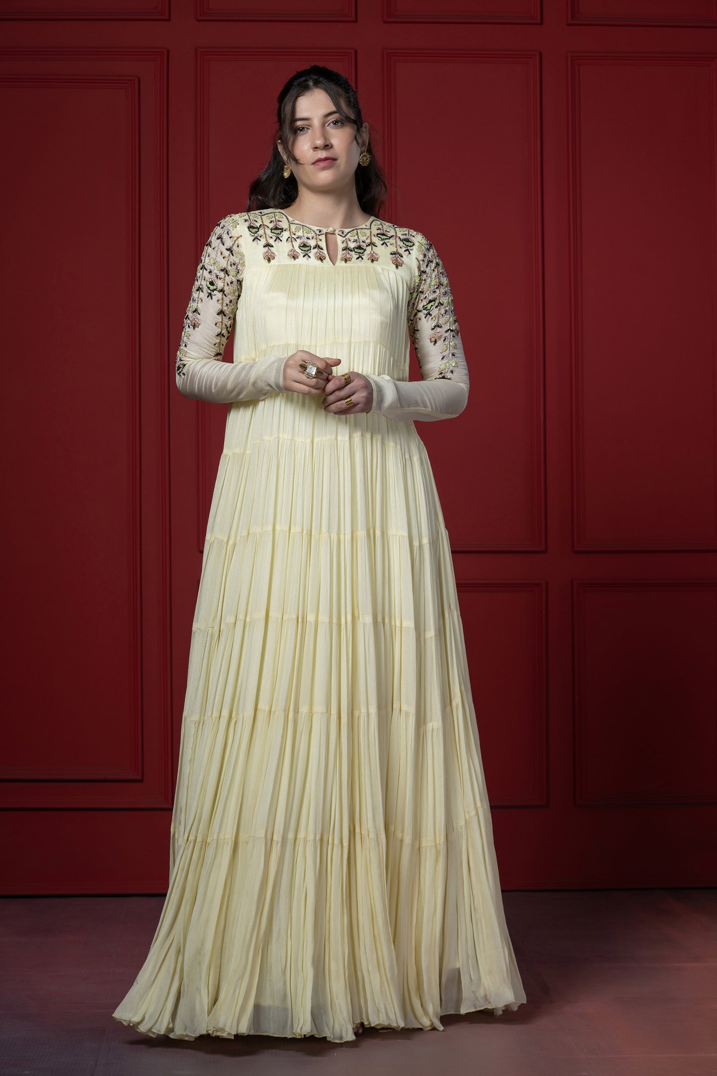 Lime Yellow Multi-Layered Chinnon Zardosi Gown