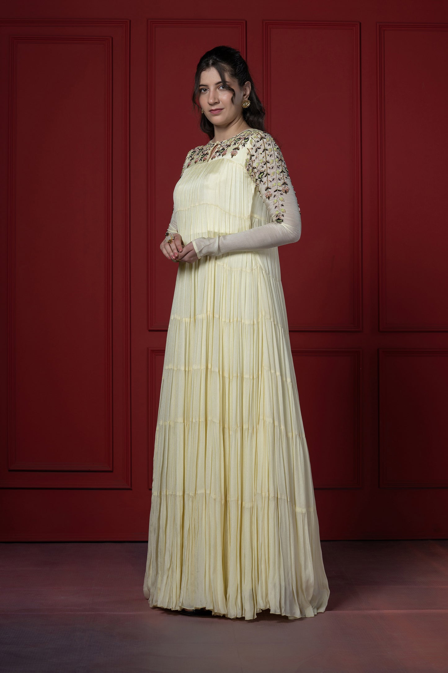 Lime Yellow Multi-Layered Chinnon Zardosi Gown