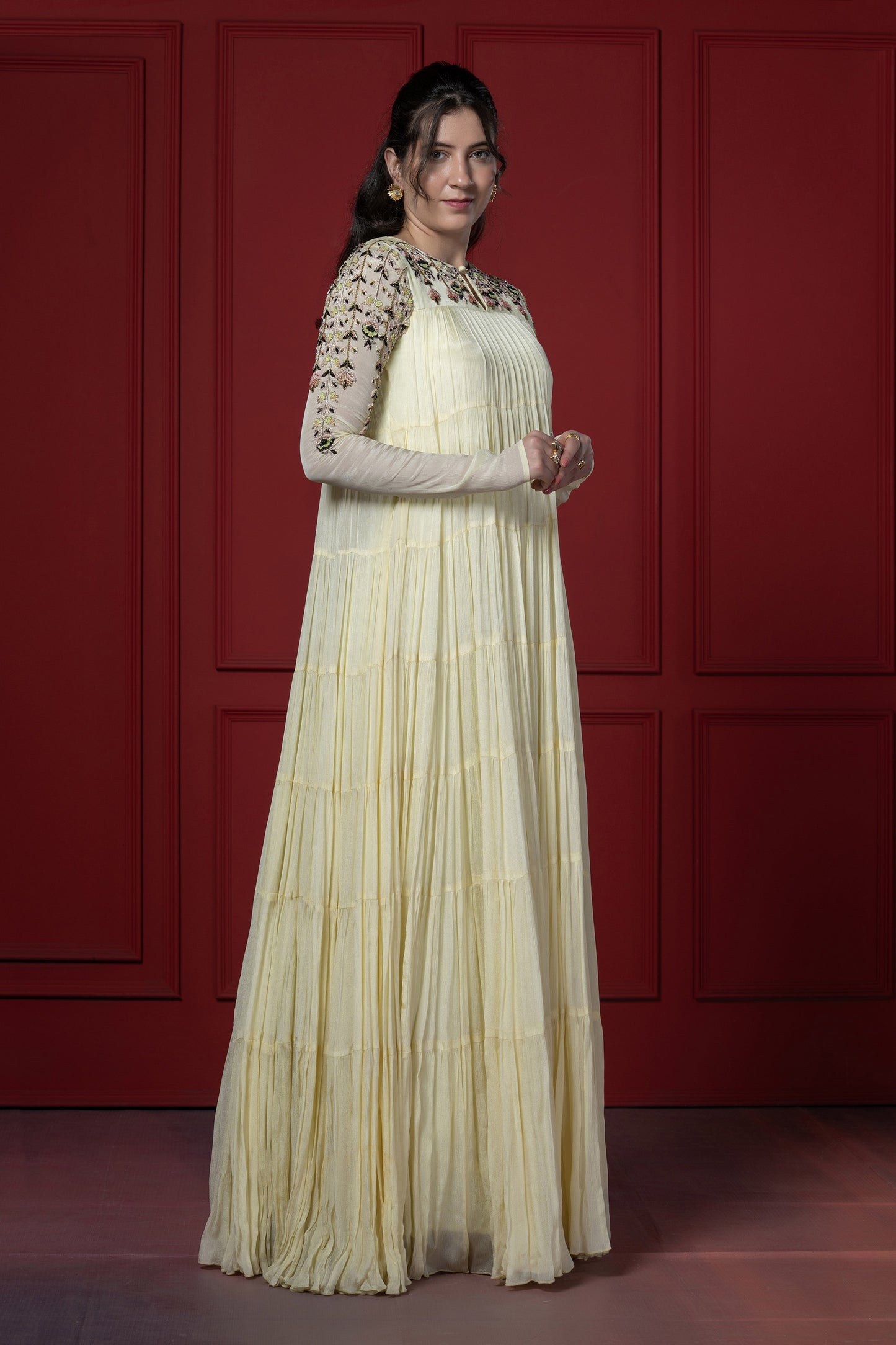 Lime Yellow Multi-Layered Chinnon Zardosi Gown