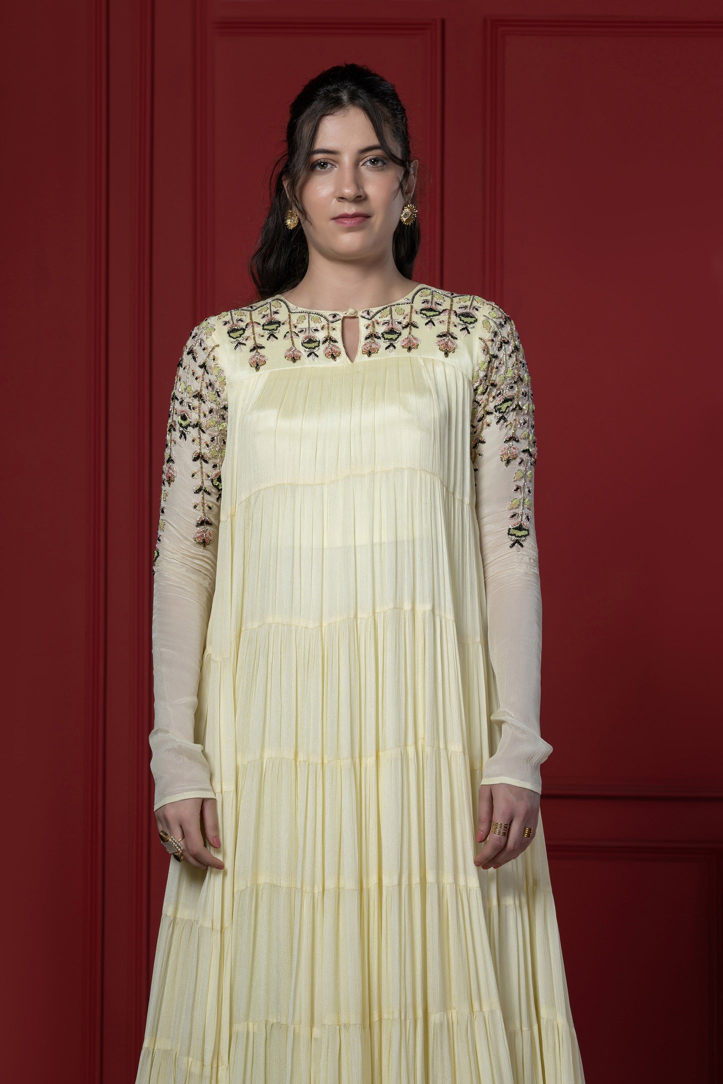 Lime Yellow Multi-Layered Chinnon Zardosi Gown