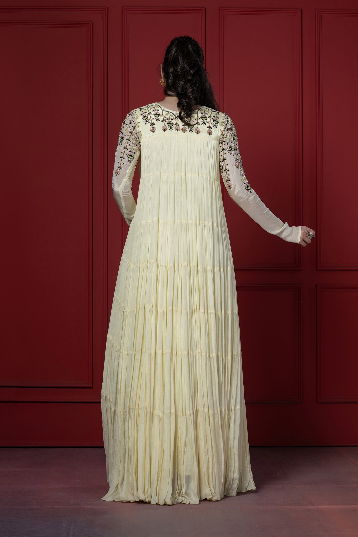 Lime Yellow Multi-Layered Chinnon Zardosi Gown