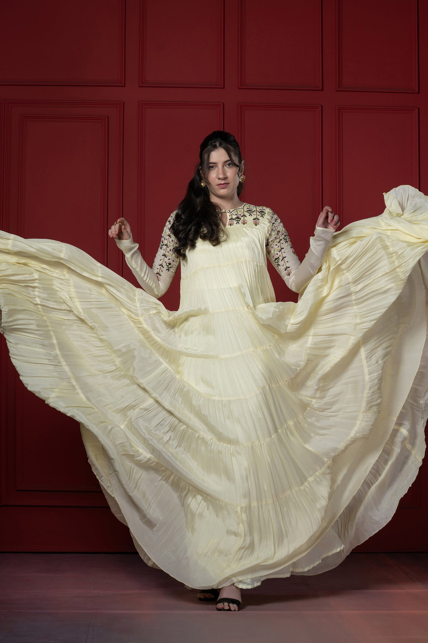 Lime Yellow Multi-Layered Chinnon Zardosi Gown