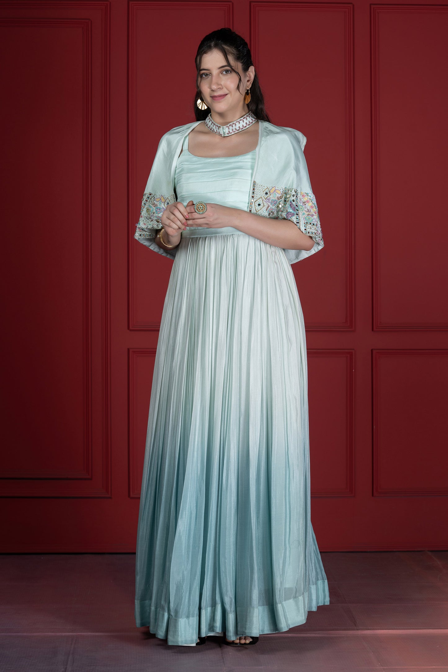 Ombré Cape Upada SIlk French knot Style Aqua blue Gown
