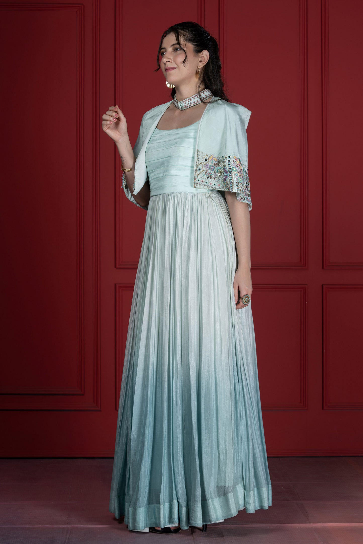 Ombré Cape Upada SIlk French knot Style Aqua blue Gown