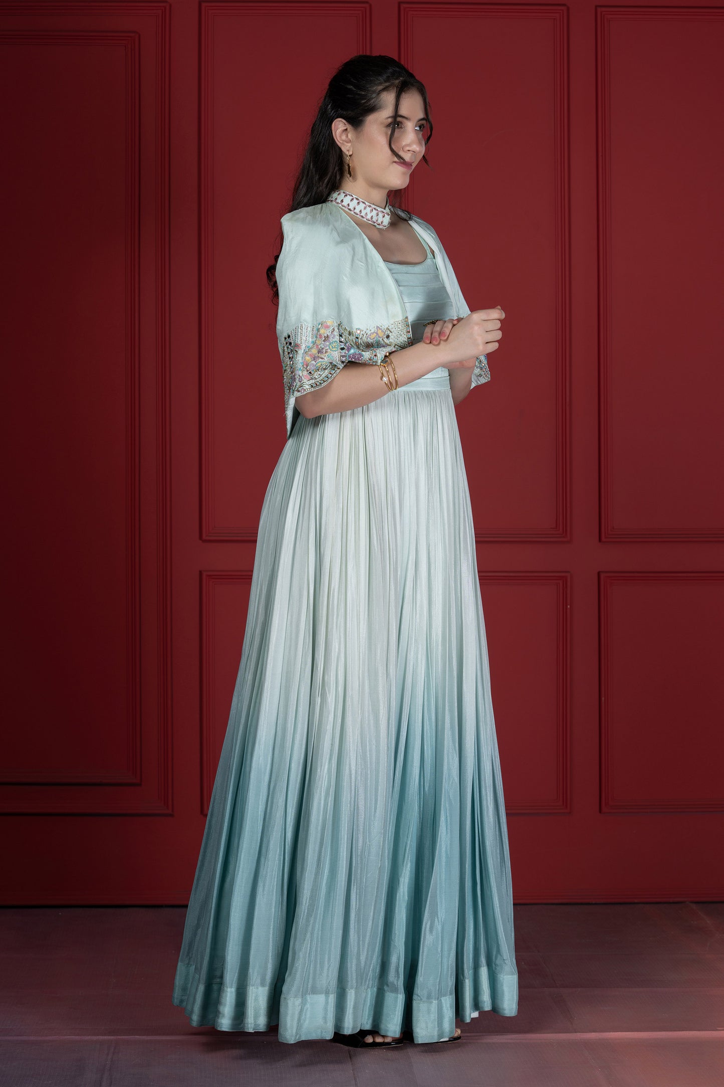 Ombré Cape Upada SIlk French knot Style Aqua blue Gown