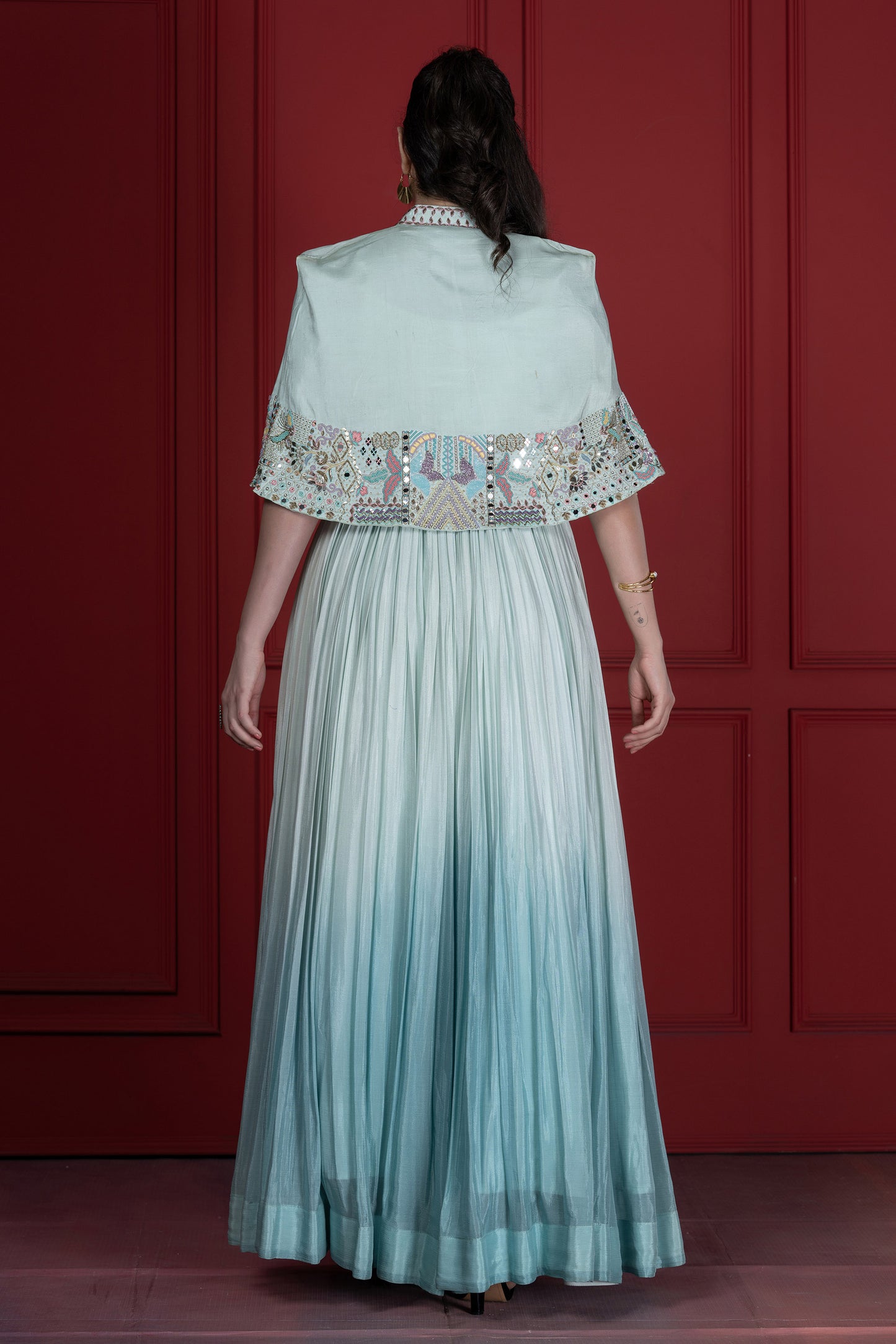 Ombré Cape Upada SIlk French knot Style Aqua blue Gown