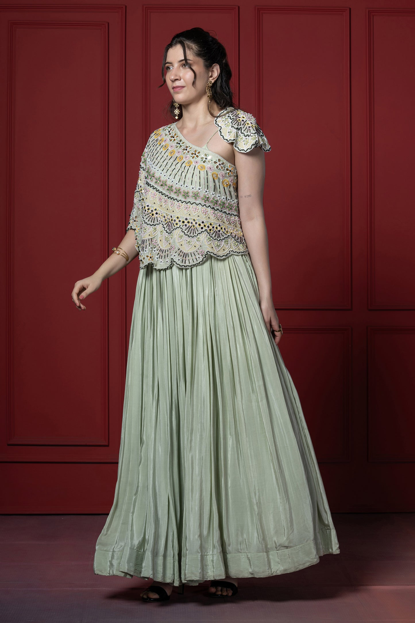 Mint Green Detachable Cape Style Gown