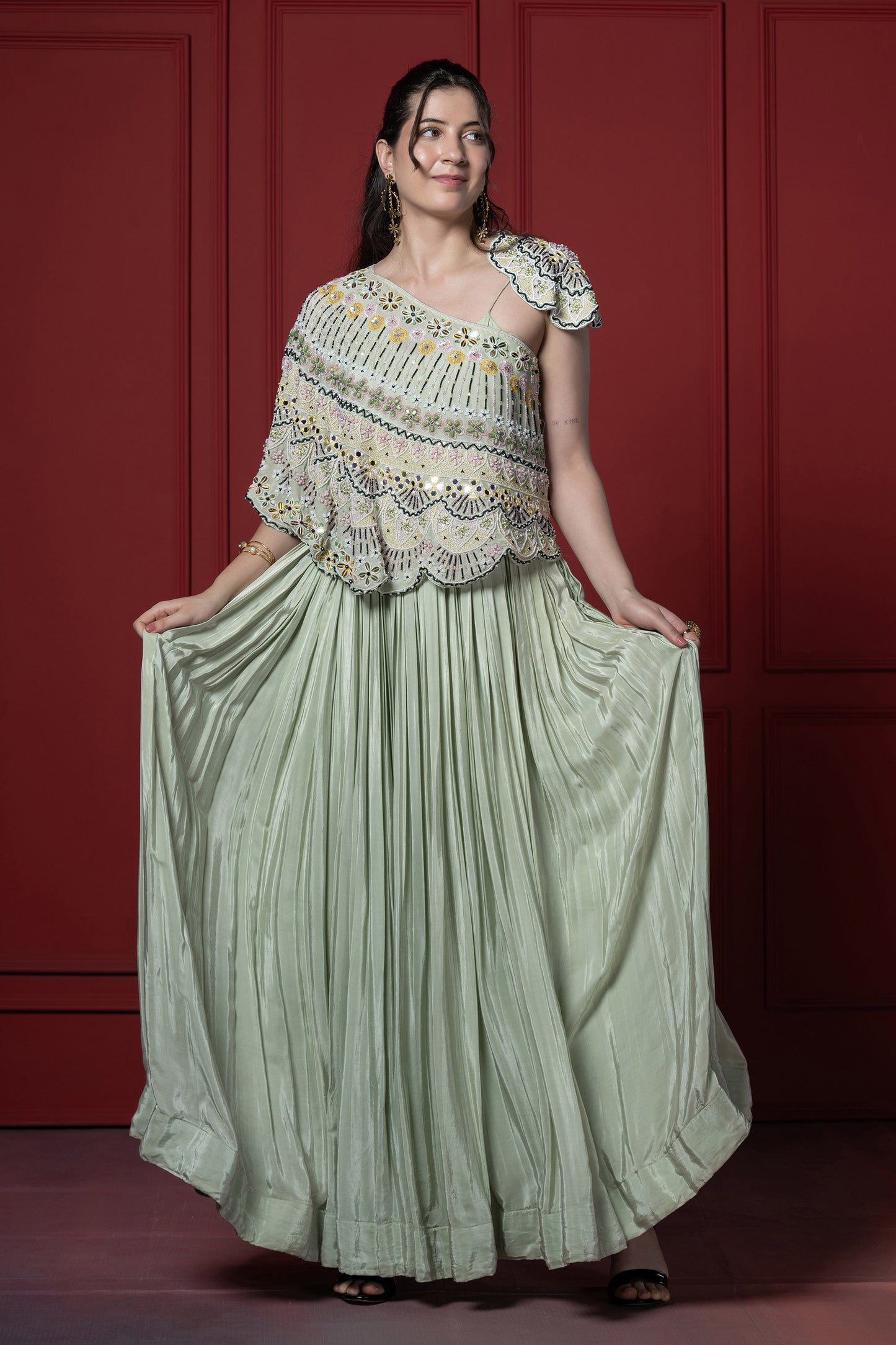 Mint Green Detachable Cape Style Gown