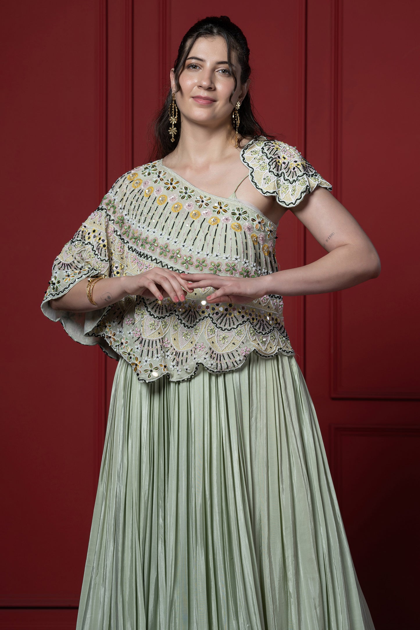 Mint Green Detachable Cape Style Gown