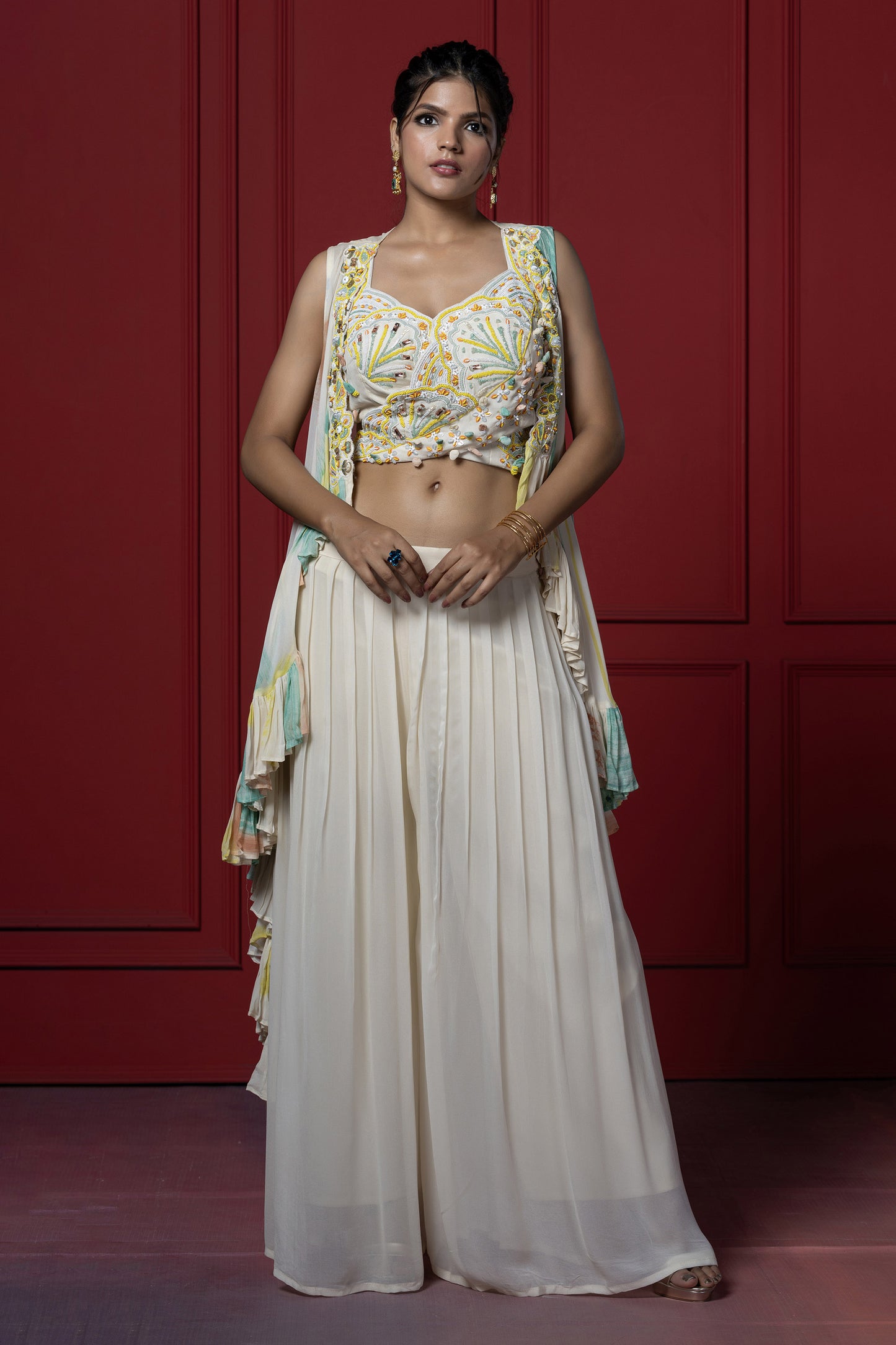 Cream Georgette Brush Dye Jacket Set