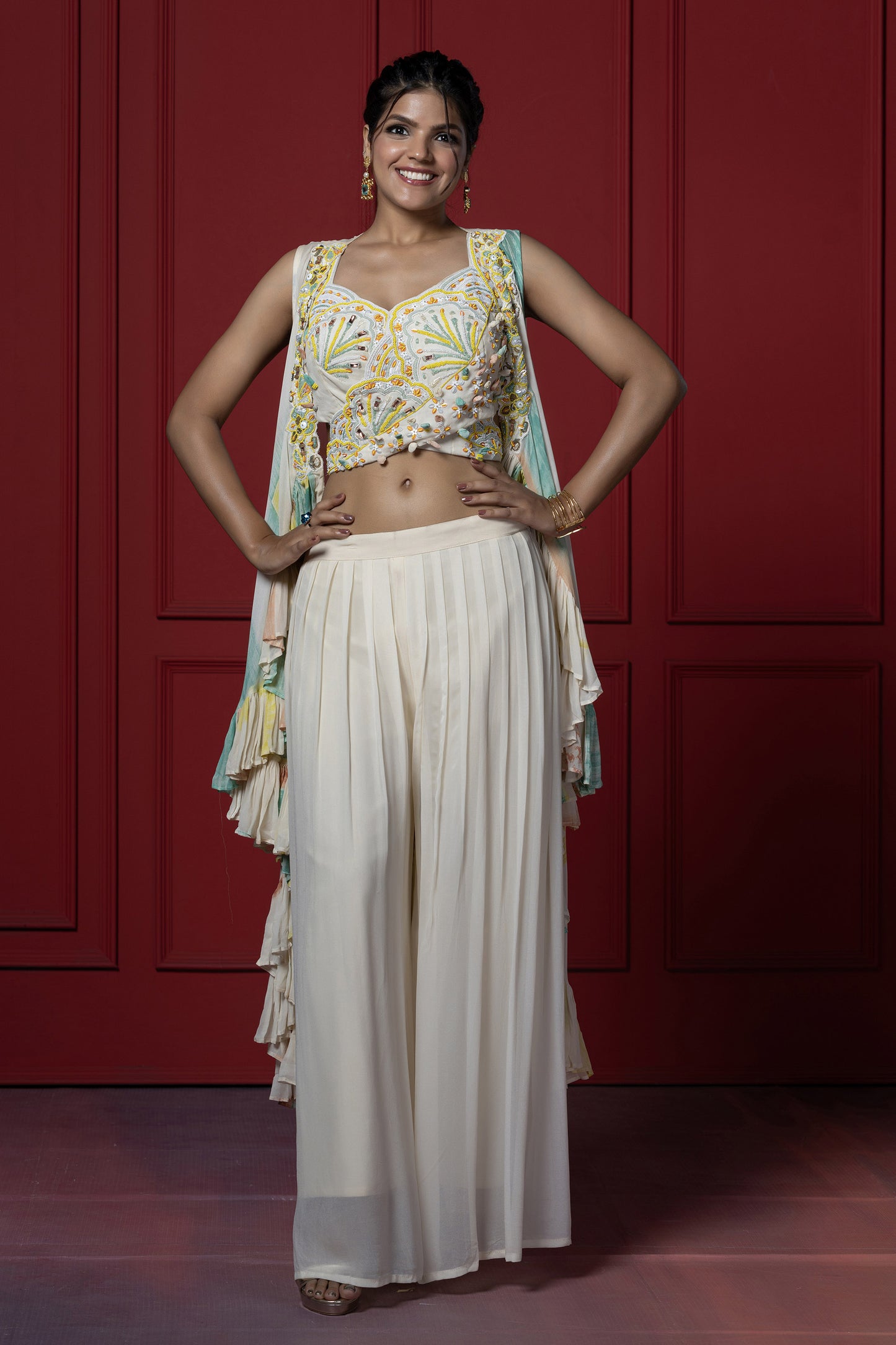 Cream Georgette Brush Dye Jacket Set